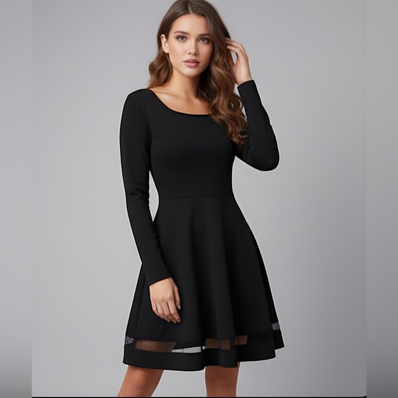 Black Mesh Insert Flare Hem Dress - Picture 3 of 9